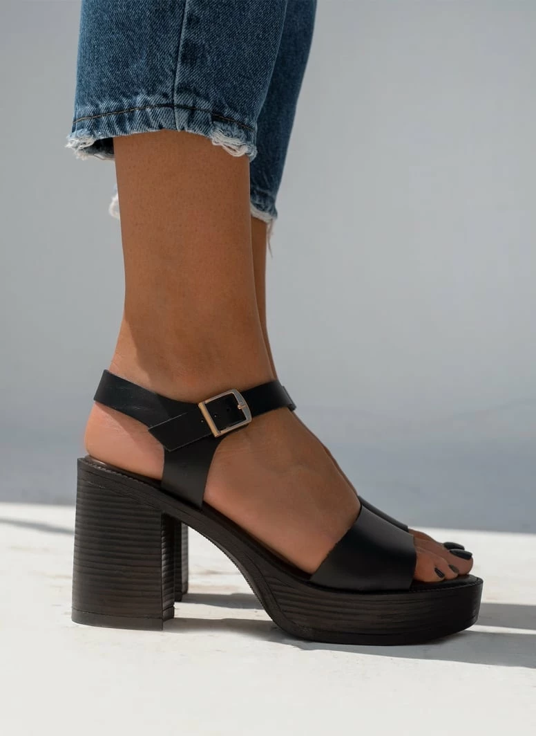 Πέδιλα δερμάτινα με χοντρό τακούνι Tfp - Μαύρο - Image 4