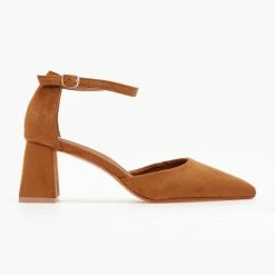 The Fashion Project Γόβες Suede ανοιχτές με μπαρέτα - Κάμελ