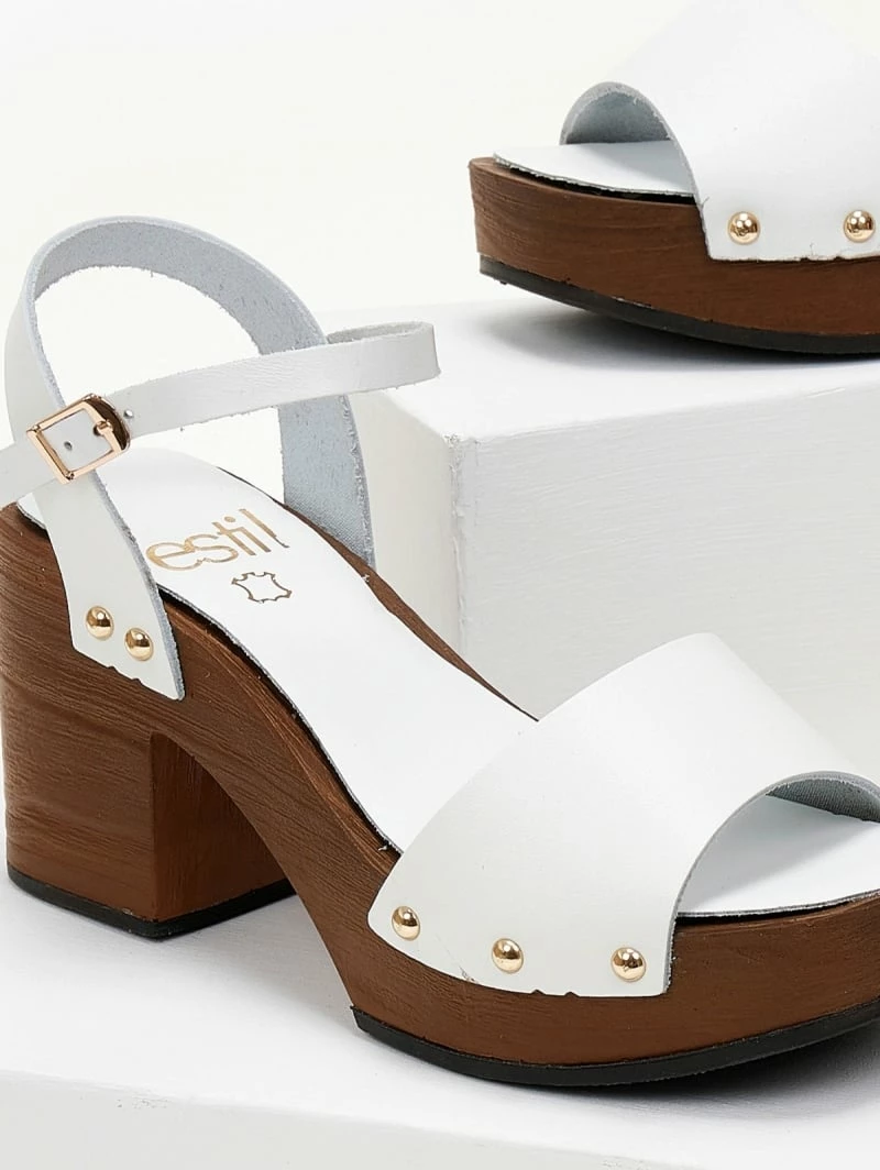 Πέδιλα δερμάτινα Estil με ξύλινη σόλα - Λευκό - Image 3