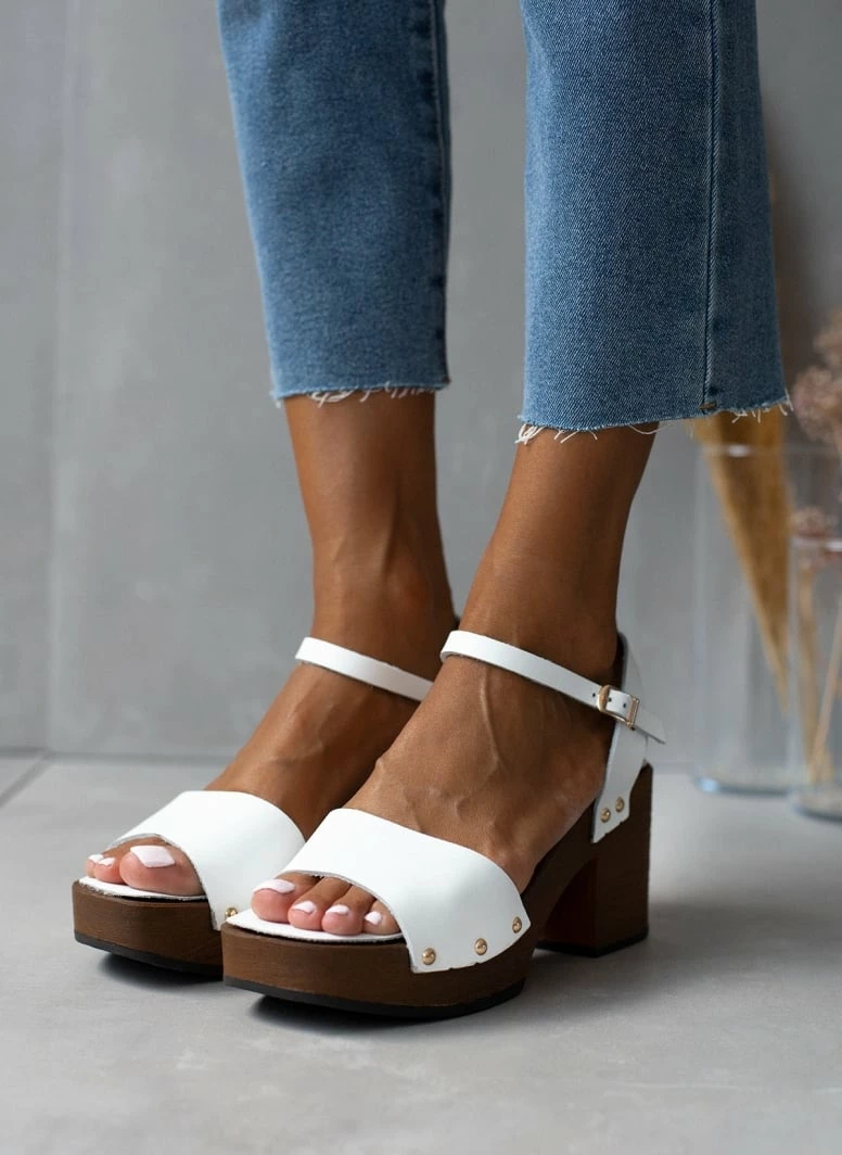 Πέδιλα δερμάτινα Estil με ξύλινη σόλα - Λευκό