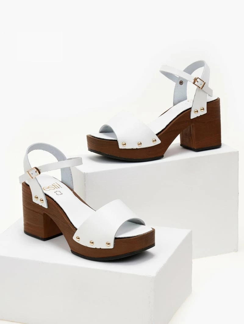Πέδιλα δερμάτινα Estil με ξύλινη σόλα - Λευκό - Image 6