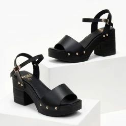 Πέδιλα δερμάτινα Estil με ξύλινη σόλα - Μαύρο