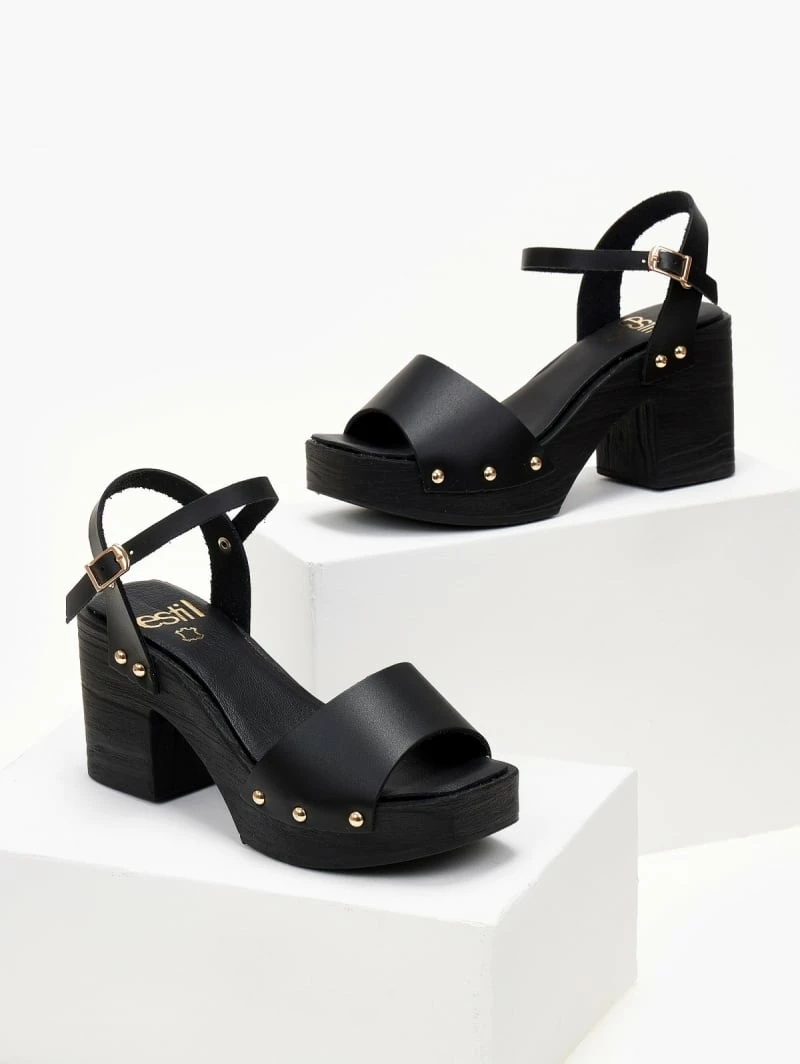 Πέδιλα δερμάτινα Estil με ξύλινη σόλα - Μαύρο