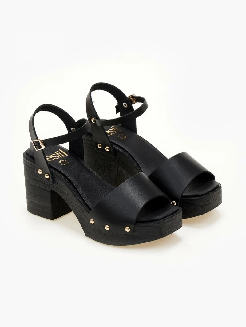 Πέδιλα δερμάτινα Estil με ξύλινη σόλα - Μαύρο - Image 3