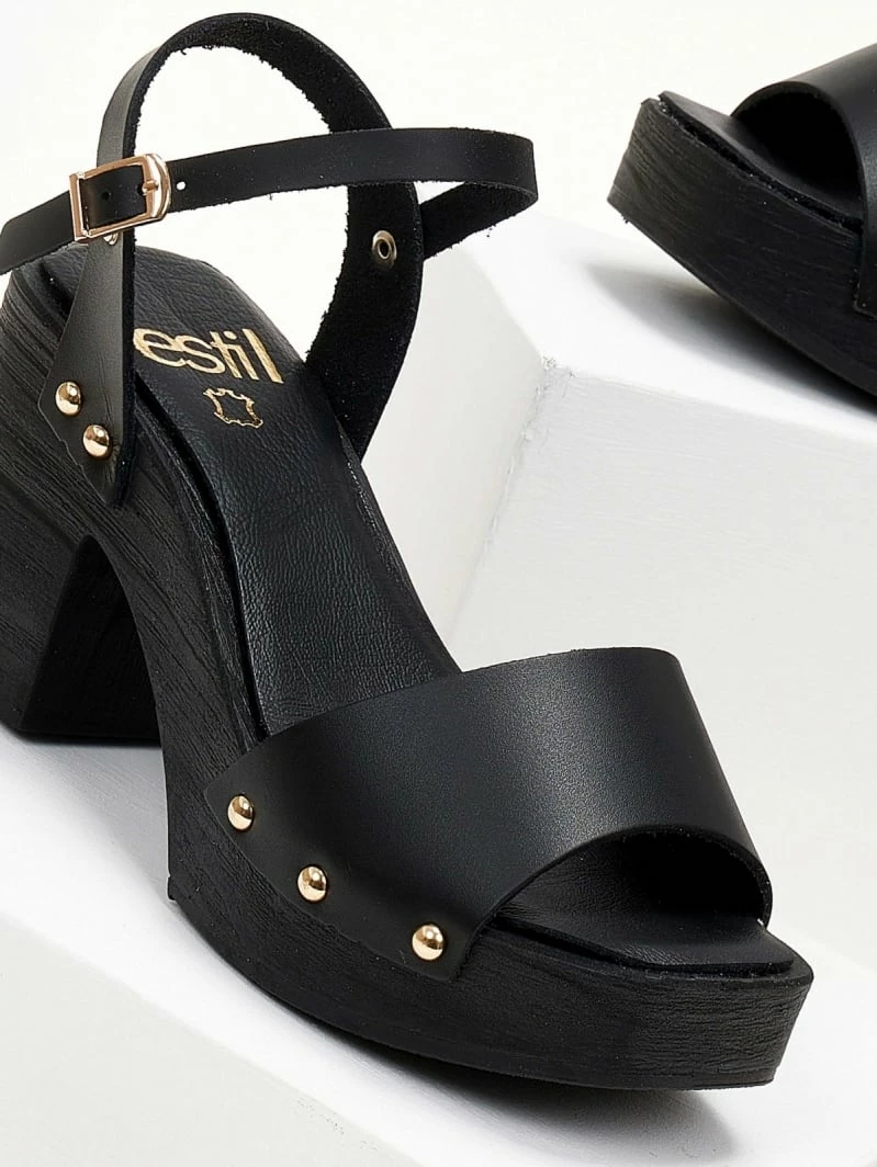 Πέδιλα δερμάτινα Estil με ξύλινη σόλα - Μαύρο - Image 4