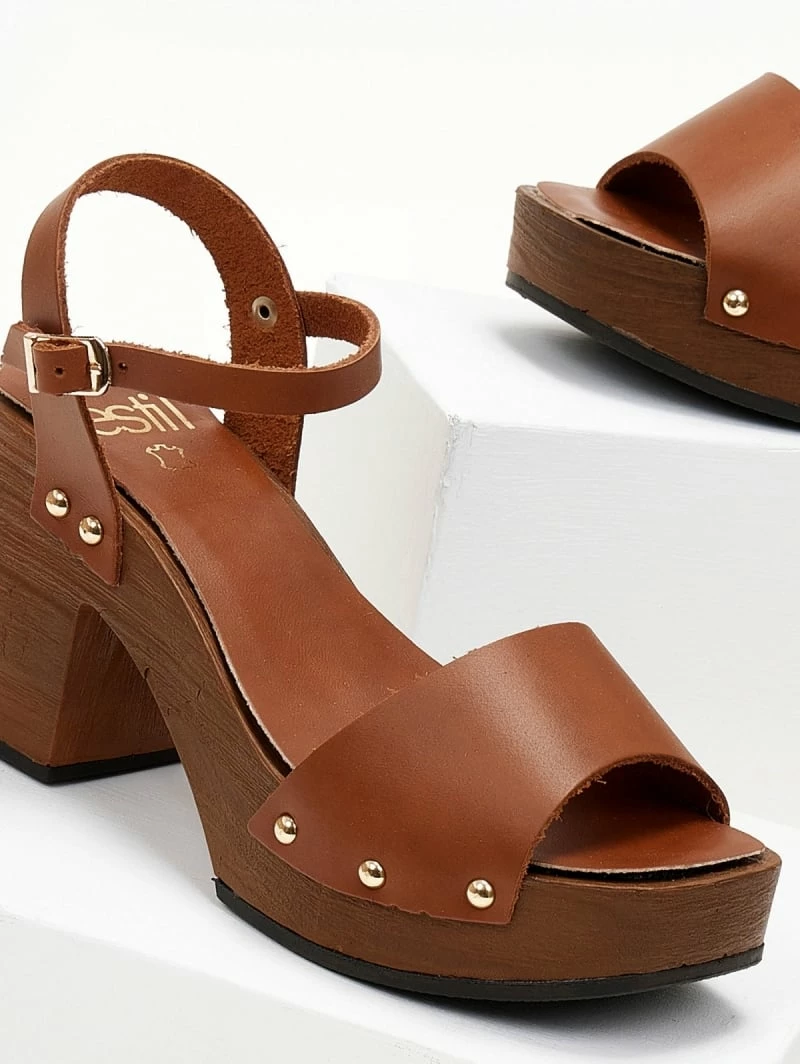 Πέδιλα δερμάτινα Estil με ξύλινη σόλα - Ταμπά - Image 2