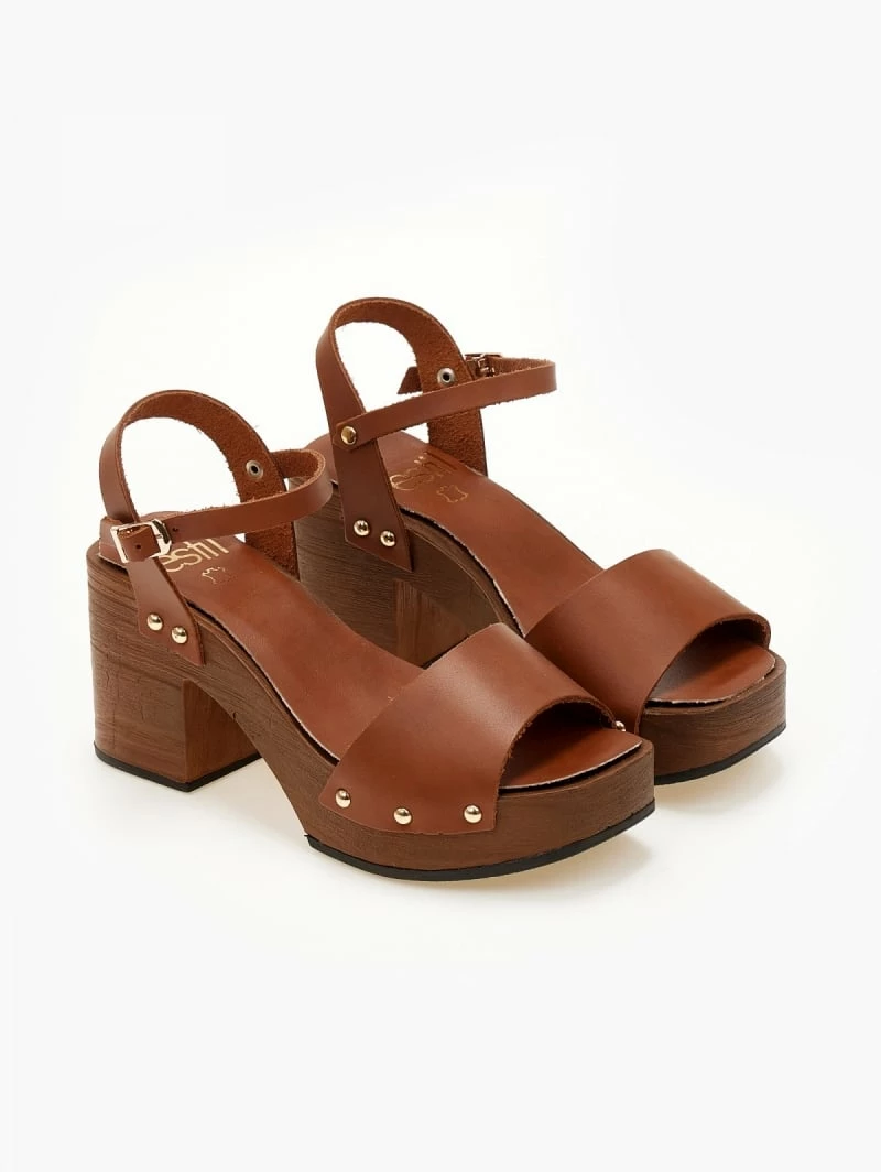 Πέδιλα δερμάτινα Estil με ξύλινη σόλα - Ταμπά - Image 3