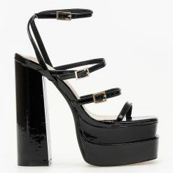 The Fashion Project Πέδιλα Platform λουστρίνι με λεπτά λουράκια - Μαύρο