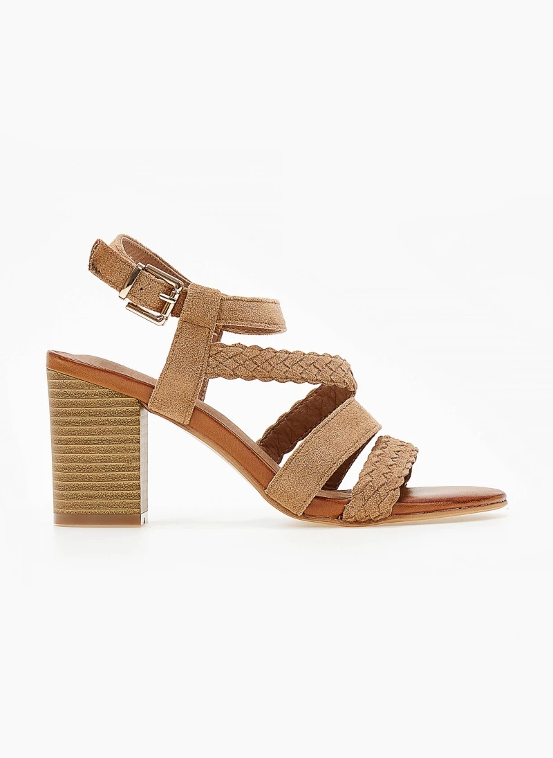 The Fashion Project Πέδιλα Suede με πλεκτό σχέδιο - Κάμελ