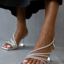 Πέδιλα TFP δερμάτινα με ιριδίζον Strass - Ασημί