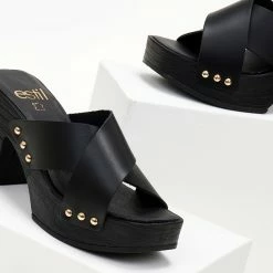 Τσόκαρα δερμάτινα με χιαστί φάσες Estil - Μαύρο